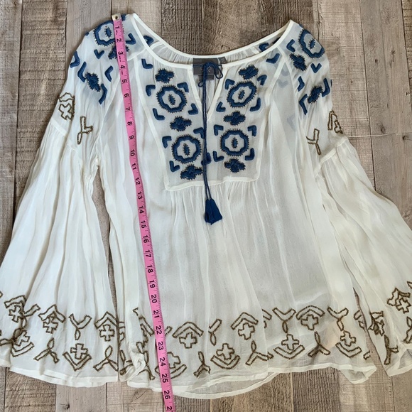 Anthropologie Diem Ivory Chiffon Embroidered Beaded Boho Flounce Peasant Top 6 - Picture 12 of 15